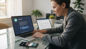 Mesa de trabalho com dispositivos mostrando ferramentas de inteligência artificial gratuitas, com uma pessoa interagindo.
