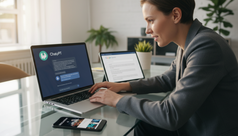 Mesa de trabalho com dispositivos mostrando ferramentas de inteligência artificial gratuitas, com uma pessoa interagindo.