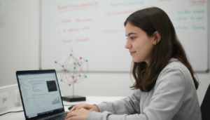 Millena Xavier, jovem cientista brasileira, demonstrando sua ferramenta de inteligência artificial para triagem de autismo.