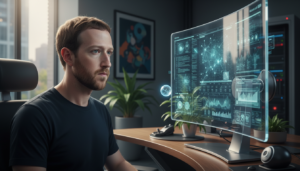Mark Zuckerberg trabalhando em seu escritório com um agente de IA pessoal em 2026
