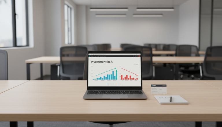 Escritório da Meta com laptop exibindo gráficos de investimento em IA