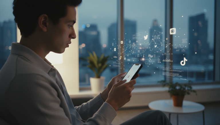 Pessoa utilizando smartphone com elementos de IA e redes sociais ao redor