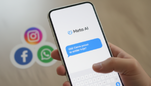 Smartphone exibindo interface do Meta AI com ícones do Facebook, Instagram e WhatsApp ao fundo.