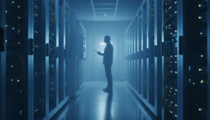 Data center com racks de servidores de inteligência artificial e um engenheiro monitorando o sistema.