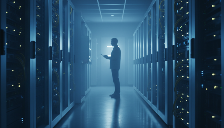 Data center com racks de servidores de inteligência artificial e um engenheiro monitorando o sistema.