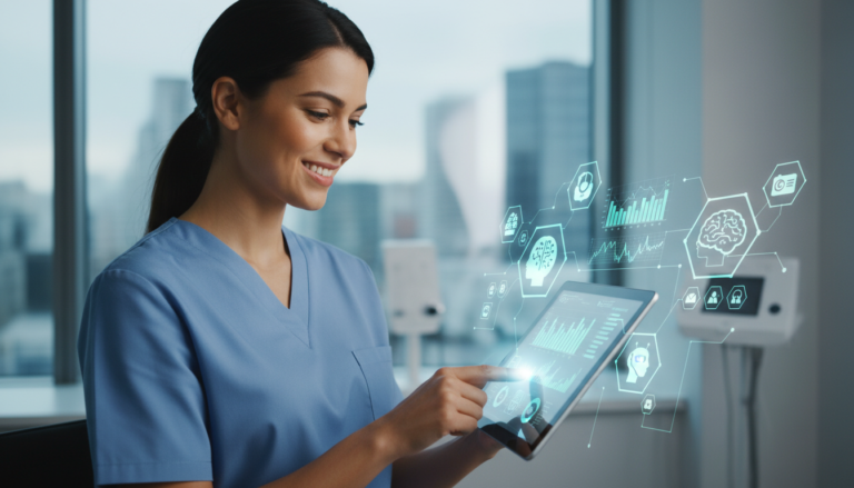 Profissional de saúde analisando dados de saúde em um tablet com elementos de IA