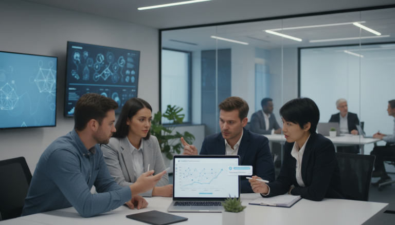 Profissionais em um escritório moderno utilizando ferramentas de IA da Microsoft para aumentar a produtividade.