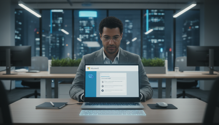 Profissional utilizando Microsoft Copilot com integração de IA da Anthropic em um escritório moderno.