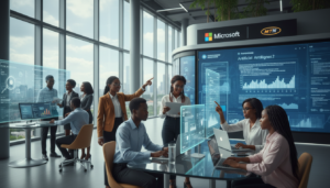 Jovens africanos trabalhando com tecnologia de inteligência artificial em um centro de inovação.
