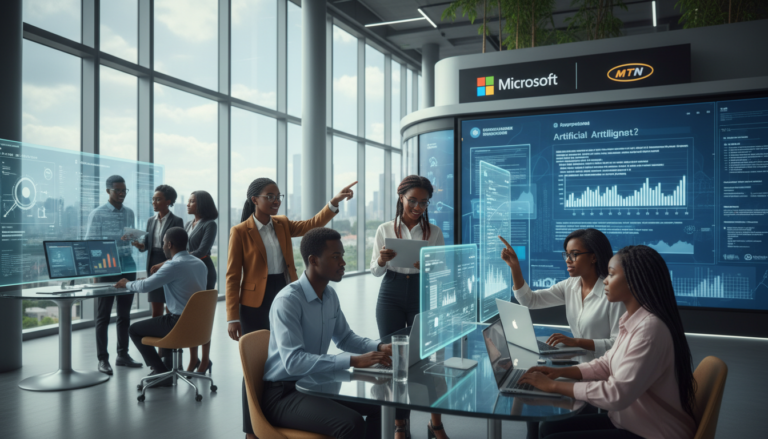 Jovens africanos trabalhando com tecnologia de inteligência artificial em um centro de inovação.
