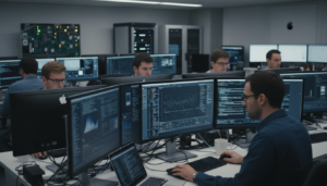 Pesquisadores da Apple analisando dados de modelos de IA em laboratório