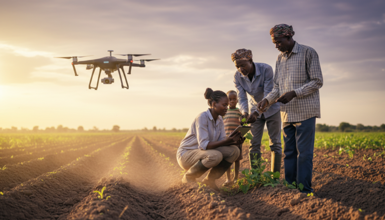 Agricultores africanos inspecionando plantações com um drone sobrevoando, simbolizando a aplicação de IA na agricultura.