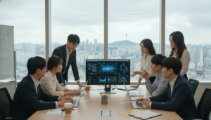 Profissionais em escritório de tecnologia na Coreia do Sul discutindo projetos de IA.