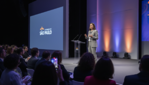 Amy Webb palestrando sobre inteligência artificial na SP House no SXSW 2026