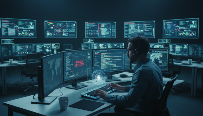 Profissional de segurança cibernética monitorando sistemas avançados em um centro de operações com inteligência artificial.