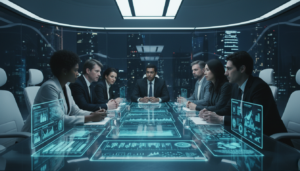 Debate sobre inteligência artificial em sala de conferências futurista