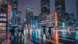 Cruzamento em São Francisco iluminado por luzes de tecnologia e reflexos de chuva.