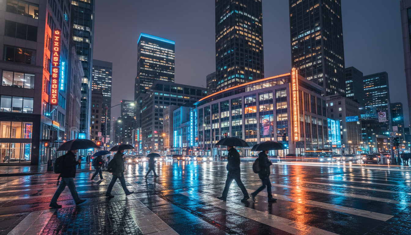 Cruzamento em São Francisco iluminado por luzes de tecnologia e reflexos de chuva.
