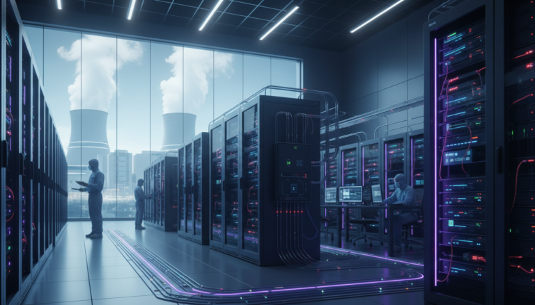Centro de dados moderno com servidores iluminados, com uma usina nuclear estilizada ao fundo, simbolizando a colaboração entre IA e energia nuclear.