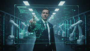 Executivo da Nvidia em laboratório futurista analisando modelo de IA em holograma