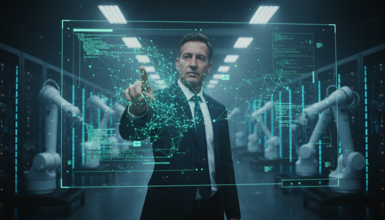 Executivo da Nvidia em laboratório futurista analisando modelo de IA em holograma