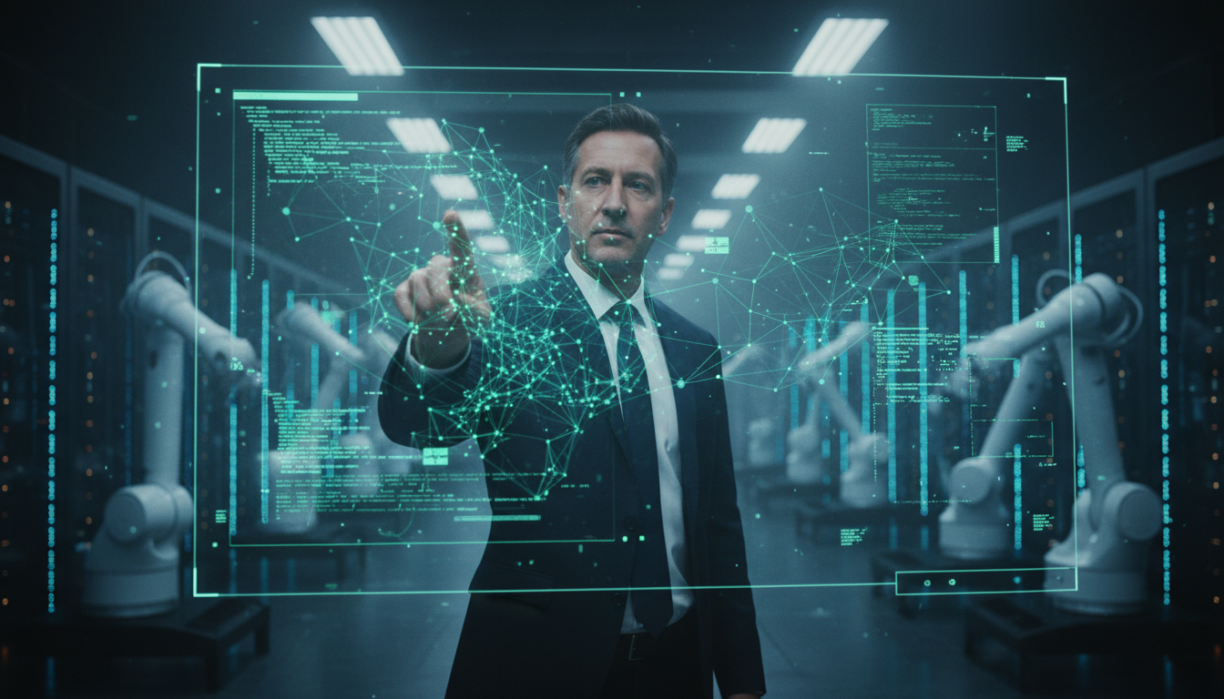 Executivo da Nvidia em laboratório futurista analisando modelo de IA em holograma