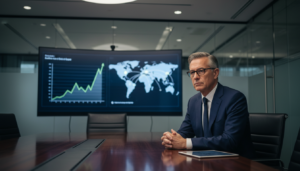 Executivo da Nvidia em sala de reuniões discutindo restrições de exportação de chips de IA