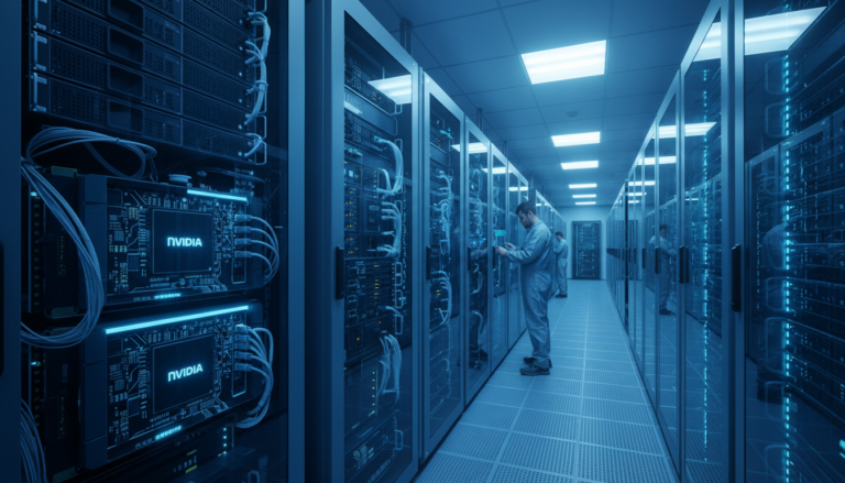 Centro de dados com servidores Nvidia de alta performance para inteligência artificial.