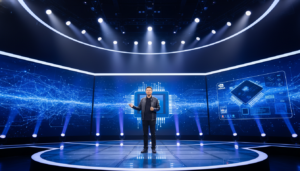 Jensen Huang, CEO da NVIDIA, apresenta inovações em IA no palco da conferência GTC.