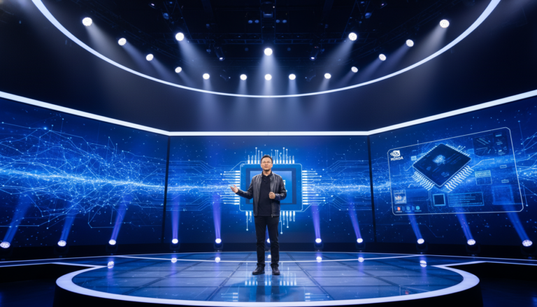 Jensen Huang, CEO da NVIDIA, apresenta inovações em IA no palco da conferência GTC.