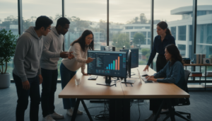 Engenheiros de IA colaborando em um escritório moderno no Vale do Silício discutindo o uso de tokens de IA.