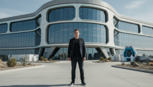 Elon Musk em frente ao complexo industrial Terafab, um centro de fabricação de chips de IA.