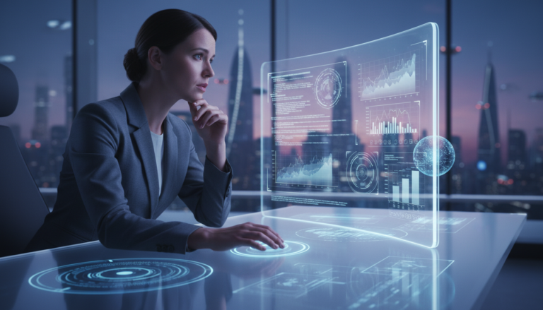 Profissional pensativo diante de uma interface de inteligência artificial, simbolizando o dilema entre os benefícios e os riscos da IA.