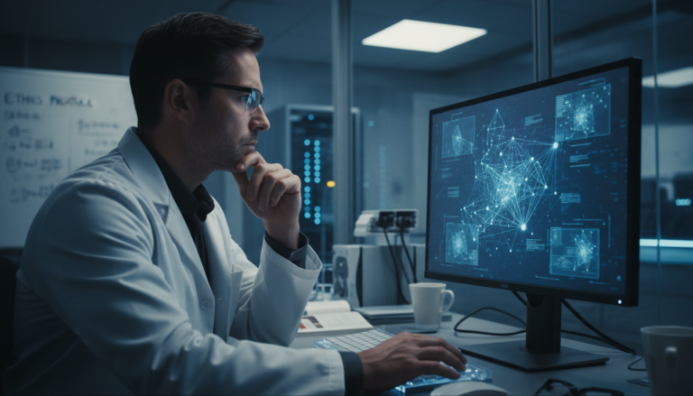 Pesquisador analisando dados com IA generativa em laboratório