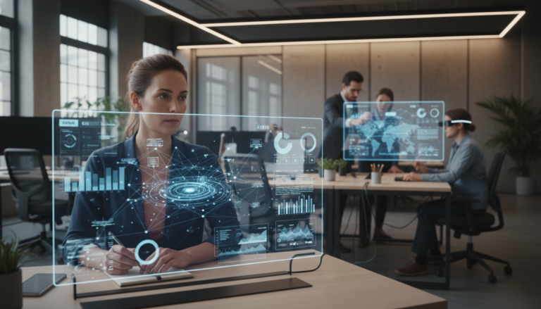 Jornalista em redação interagindo com inteligência artificial