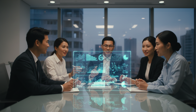 Profissionais discutindo estratégias de inteligência artificial em uma sala de reuniões com tecnologia avançada.