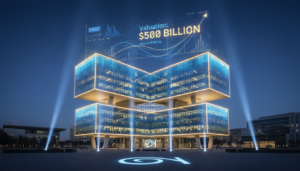 Sede da OpenAI com iluminação futurista, simbolizando sua avaliação recorde de $500 bilhões.