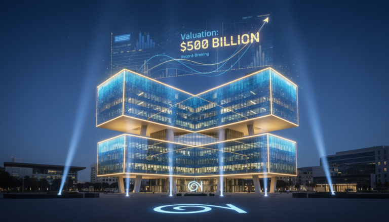 Sede da OpenAI com iluminação futurista, simbolizando sua avaliação recorde de $500 bilhões.