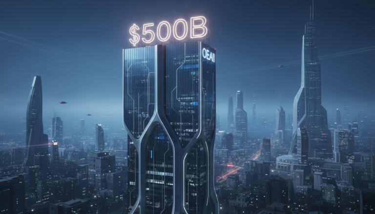 Prédio moderno da OpenAI com destaque para a avaliação de $500 bilhões.
