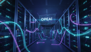Data center futurista iluminado com a logo da OpenAI em projeção holográfica