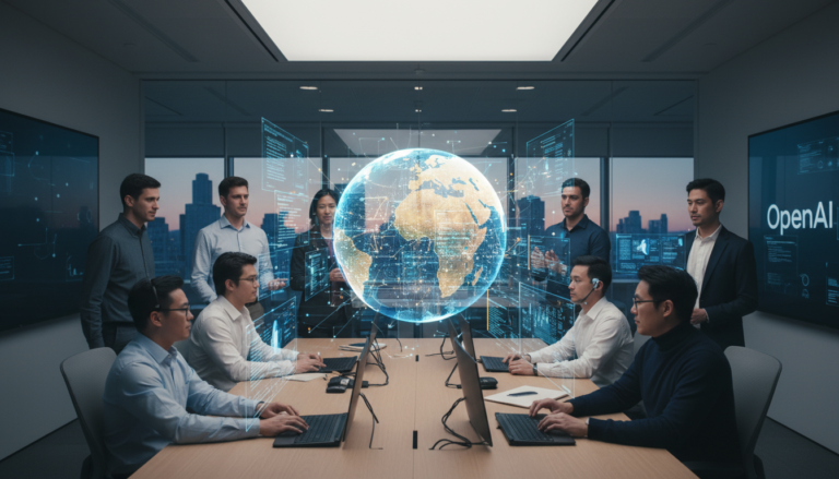 Escritório da OpenAI em 2025 com holograma de dados globais