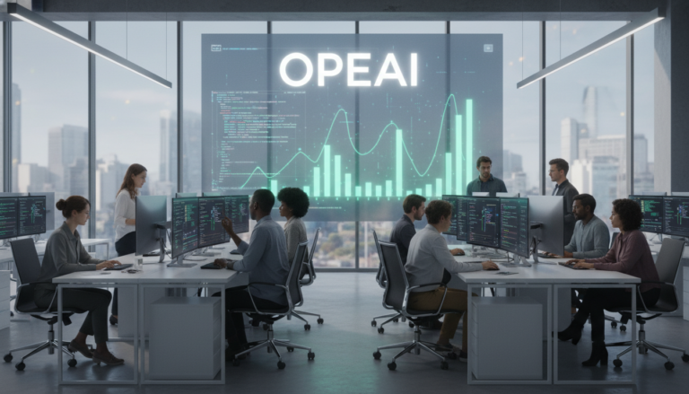 Centro de pesquisa da OpenAI em 2025 com profissionais colaborando em projetos de IA.
