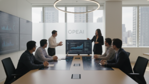 Equipe da OpenAI celebrando avaliação recorde em escritório moderno