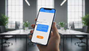 Smartphone exibindo compras no ChatGPT com botão de compra.
