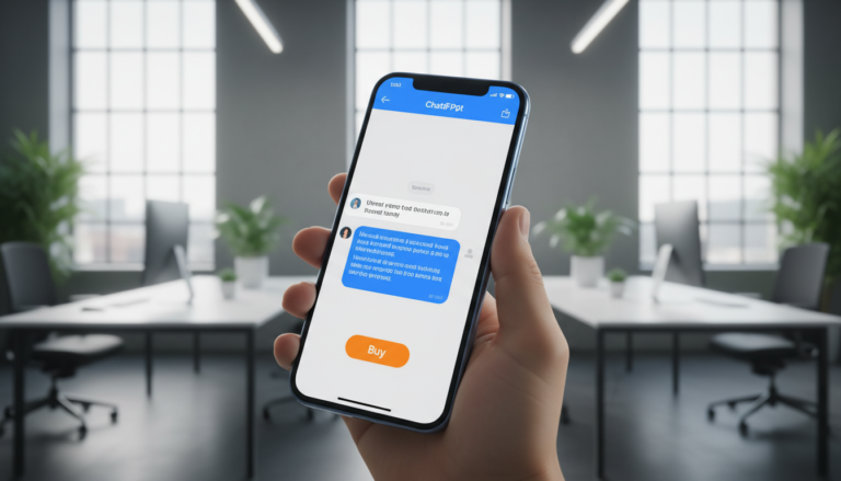Smartphone exibindo compras no ChatGPT com botão de compra.