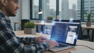 Designer trabalhando em um super aplicativo de IA no desktop