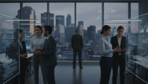 Funcionários da Oracle discutindo em um escritório moderno, com foco em IA e desenvolvimento de software.