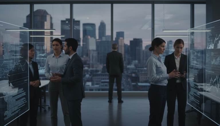 Funcionários da Oracle discutindo em um escritório moderno, com foco em IA e desenvolvimento de software.