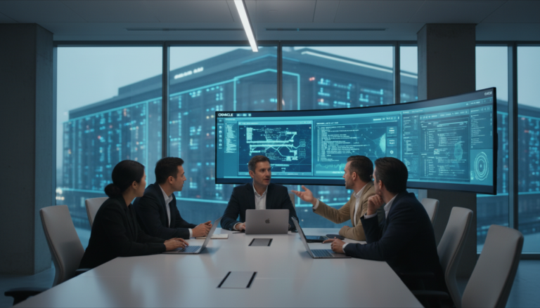 Engenheiros da Oracle colaborando em um projeto com o auxílio de tecnologia de IA.