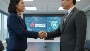 Executivos da Palo Alto Networks e Protect AI apertando as mãos após anúncio de aquisição.